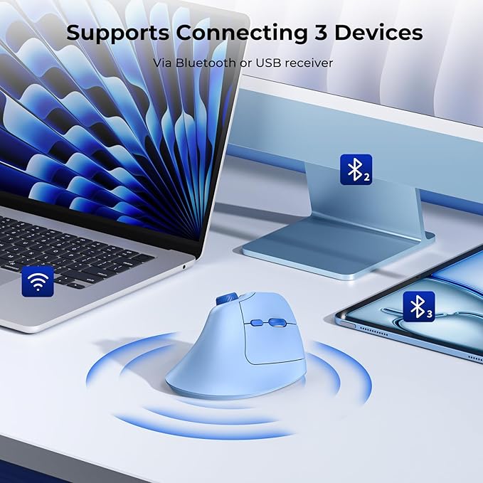 seenda Ergonomic Mouse Wireless MOU-302 Bluetooth Vertical Mouse Rechargeable Optical Mice with 1000/1600/2400 DPI Volume Knob 3 Multi-Device Connectivity for Computer/PC/Laptop/Mac Blue