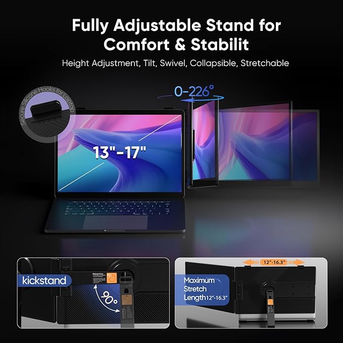 Laptop Screen Extender 14 FHD 1080P Dual Screen Monitor for Laptop Ultra-Light Portable Monitor with USB-C/HDMI Plug &amp Play for Windows/Mac/Chrome/Linux/Android/Switch/PS5