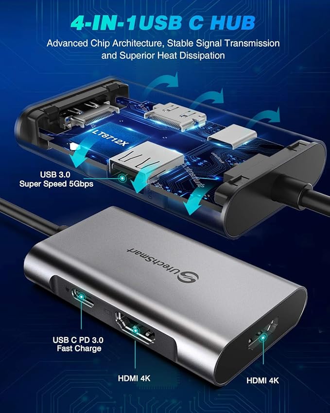 UtechSmart HDMI to USB C Adapter 4-in-1 USB C Hub Dual HDMI Adapter with 4K USB C to USB Adapter for MacBook Pro Air Dell HP Microsoft Chromebook Lenovo iPhone 16 (100W PD USB 3.0)