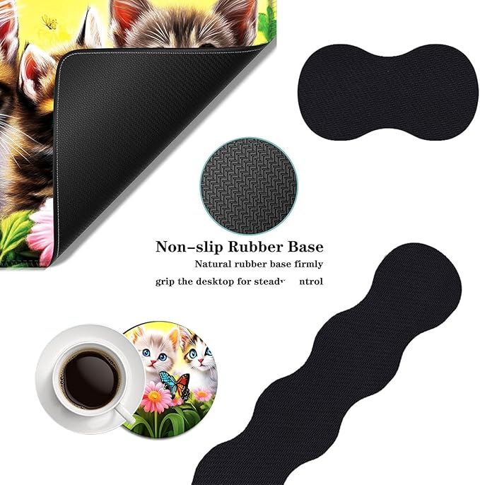 Mouse PadLarge Desk Mat Set 4in1 XL Mousepad + Keyboard Wrist Rest+Mouse Wrist Rest+Coaster with Ergonomic Desk Pad for Home Office Table Computer Cover -Kittens Flowers Butterflies