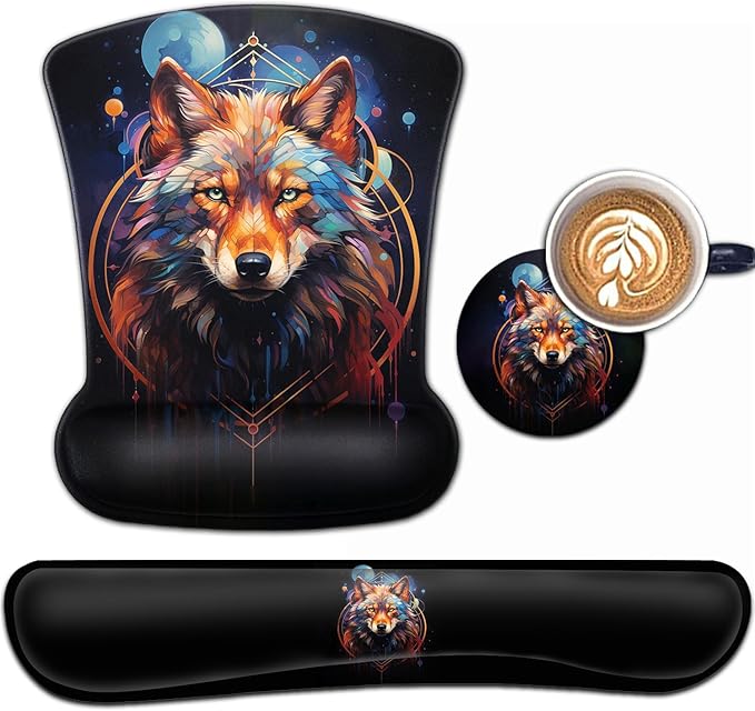 Keyboard Wrist Rest and Mouse Pad Wrist Support Set Ergonomic Gel Mouse Pad Wrist Rest with Non-Slip Base for Home Office Desk Pad Easy Typing Nebula Wolf Pattern Black Gaming Mouse Mat
