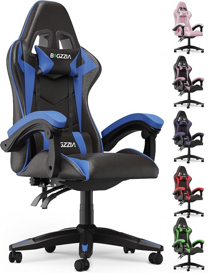 Bigzzia Gaming Chair Computer Game Chair with Lumbar Support Comfortable Video Game Chairs for Adults Kids Racing Style Gamer Chair with 360°-Swivel Seat and Headrest（Blue）