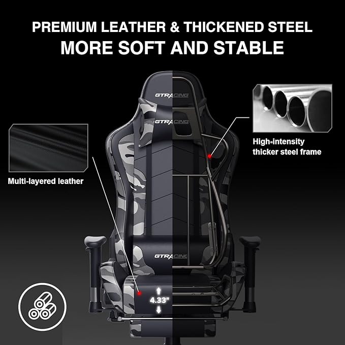 GTRACING Gaming Chair with Footrest Speakers Video Game Chair Bluetooth Music Heavy Duty Ergonomic Computer Office Desk Chair Camouflage