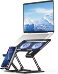 Laptop Cooling Stand with Detachable Fan2-IN-1 Laptop Stand with Phone Holder and Silent FansAdjustable Height and AngleCarbon Steel FrameworkLaptop Cooling Pad for up to 16”Laptop (Black)