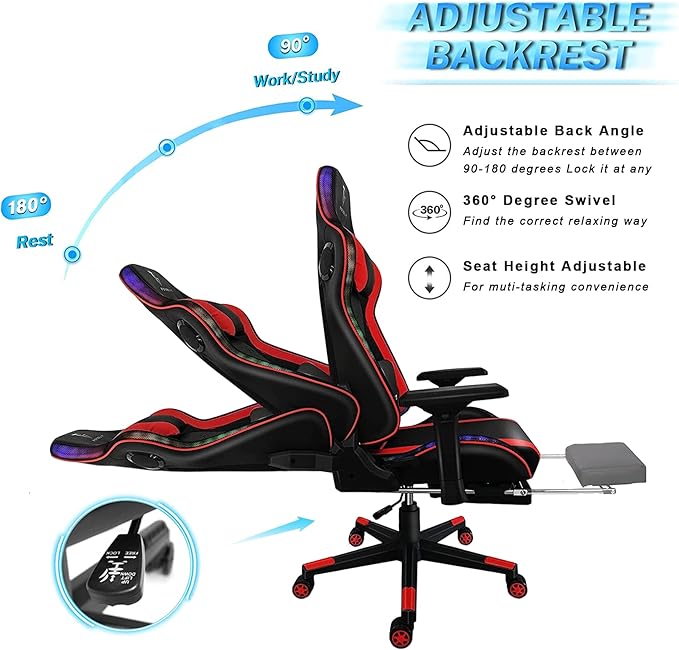 Gaming Chair with RGB Lights and Speakers Massage Office Chair Ergonomic Racing Computer Chair PU Leather Swivel Recliner Chair with Lumbar Support Headrest 4D Armrest and FootrestRed