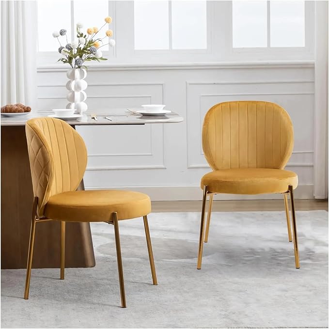 Adjustable Office Computer Chair with Armrest 1pcs Modern Style Velvet Yellow Upholstered Dining Room Chairs with Golden Metal Leg