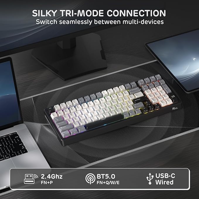 RK ROYAL KLUDGE F99 Wireless Mechanical Keyboard with Numper Pad Tri-Mode Hot Swappable 95%100 Keys Gaming Keyboard BT/2.4G/USB-C Pro Software 5000mAh Battery Customed Tactile Beige Switches