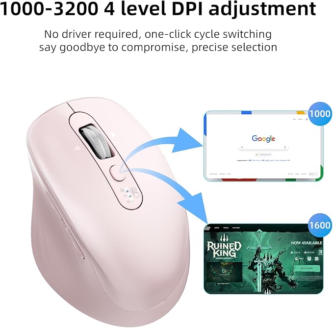 Wireless Bluetooth Mouse Multi Device (BT1/BT2 + 2.4G USB) Mouse for Laptop iPad &amp Mac 4-Way Scroll with Side Buttons Silent Click Ergonomic Offce Mouse Adjustable DPI（Pink）