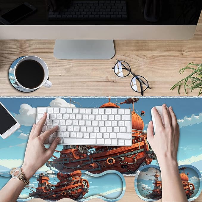 Gaming Mouse Pad Set Large Gaming Mouse Pad+Keyboard Wrist Rest+Mouse Wrist Rest+Coaster Easy Typing Pain Relief 31.5 × 11.8 inch Desk Mat for Home Office - Cartoon Ship