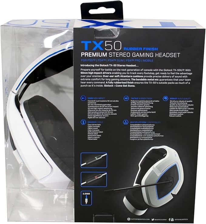 Gioteck TX50 Earphones with Microphone 3.5mm Jack for PS5 Xbox Series X and PC (White and Black)