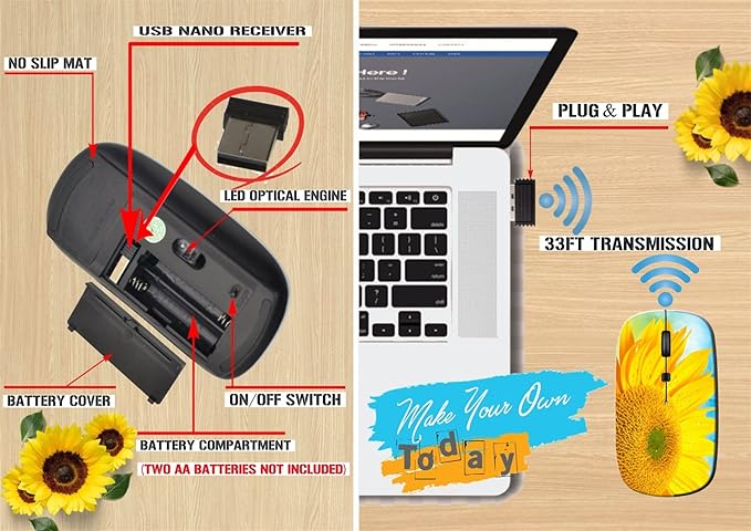 maizi Mouse Chromebook Laptop PC Notebook Mice 20296986 Close up of Sunflower Portable 2.4G with USB Receiver Printed in USA