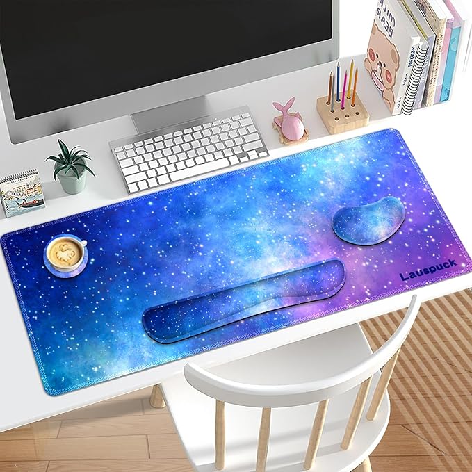 Desk Mat Gaming Mouse Pad Wrist Rest Support Combo XXL Large Mousepad + Keyboard Wrist Support +Mouse Wrist Rest+Coaster Set with Ergonomic Design 4in1 for Home Office Nebula Galaxy