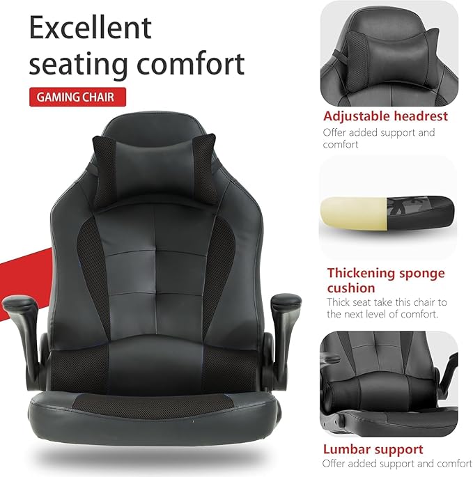 Gaming Chair High Back Computer Chair Egonomic Office Chair PU Leather Video Game Chairs Swivel Executive Chairwith Flip Up Arm Headrest Racing Chairs Rolling Chair for Adults Black