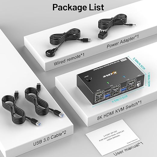4K@144Hz KVM Switch 2 Monitors 2 Computers 8K@60Hz MLEEDA HDMI and Displayport Dual Monitor KVM Switch with 4 USB 3.0 Port for Keyboard Mouse Printer with Wired Remote Power Adapter and USB Cables