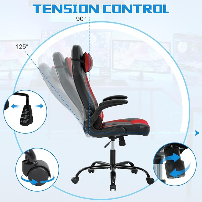 PC Gaming Chair - Ergonomic PC Office Chair w/Adjustable Lumbar Support &amp Headrest High Back PU Leather Computer Desk Chair for Adults (350lbs Capacity) (Red)