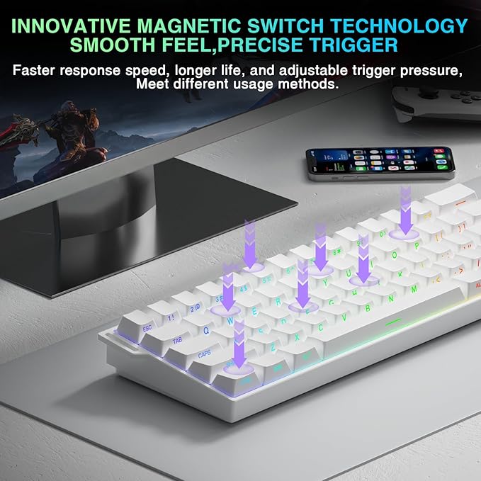 Aula MINI60 HE PRO - 60% Mechanical Gaming Keyboard Wireless Hall Effect Magnetic Switch Hot Swappable Rapid Trigger Mode 8000 Hz Polling Rate 60 Percent Compact Design (White)