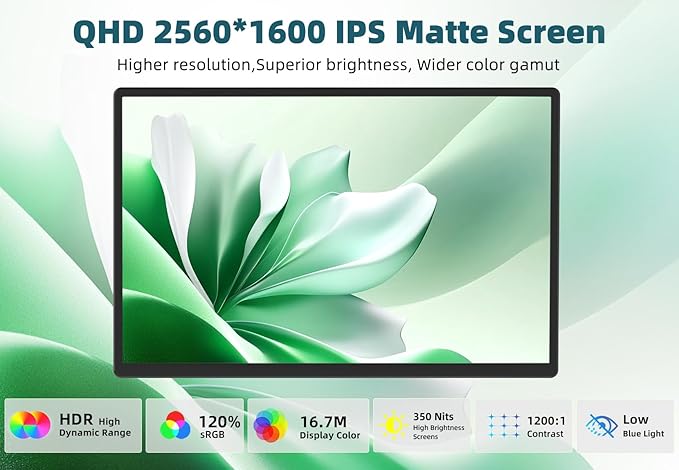 2.5K Portable Monitor for Laptop - 16 inch QHD Laptop Screen Extender 120% sRGB Wide Color HDR HDMI USB C Travel External Display with Kickstand Gaming Monitor for Computer PC Phone Game Console