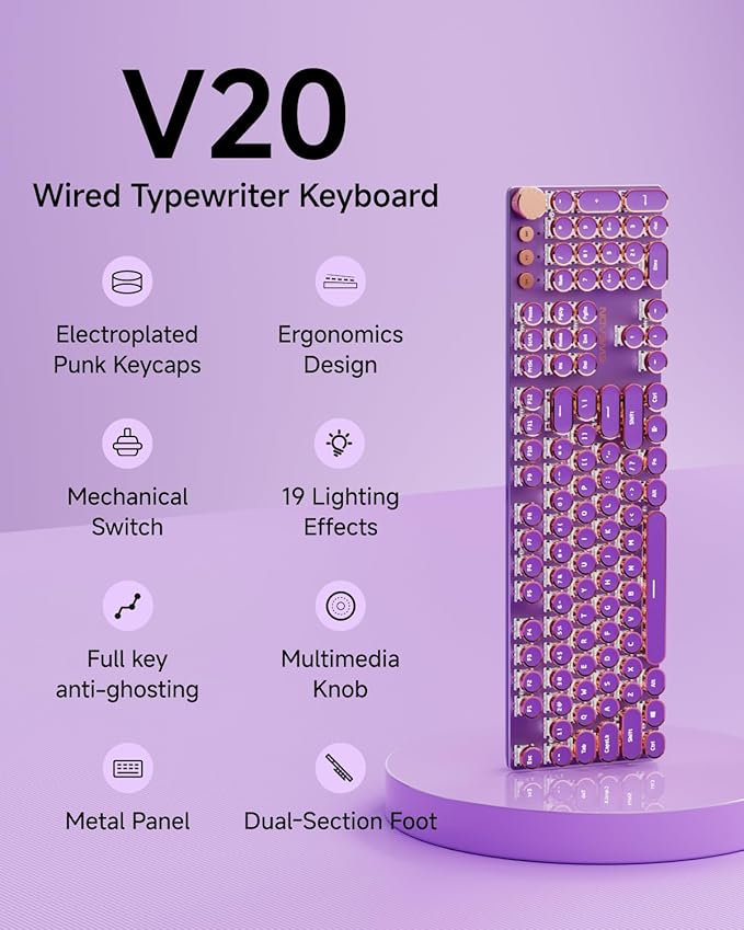 EWEADN Typewriter Style Mechanical Keyboard Wired Typewriter Keyboards104 Keys Backlit LED Metal Keyboards Media Control Knob Wired Computer Keyboard Pink Switch for Windows/Mac/PC-Purple