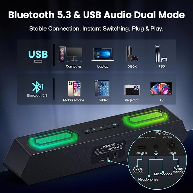 Deeyaple Computer Speakers 40W PC Speakers for Desktop Monitor with Bluetooth 5.3 &amp USB Audio HiFi Stereo Gaming Soundbar with Custom EQ Software Dynamic RGB Lighting for Laptop PS4 PS5 Blac