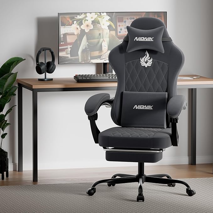Ergonomic Gaming Chair Video Gamer Chairs Gaming Computer Chairs Gamer Chairs for Adults Massage Lumbar Support Swivel Height Adjustable Headrest Backrest Grey