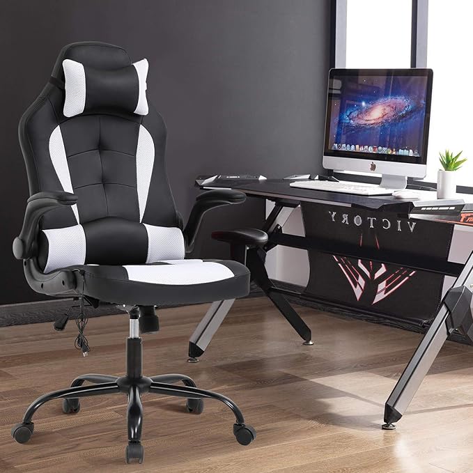 Vnewone Computer Gaming Chair Office PC Ergonomic Executive Desk Racing Rolling Swivel Task PU Leather with Lumbar Support Headrest Adjustable Armrest Massager White