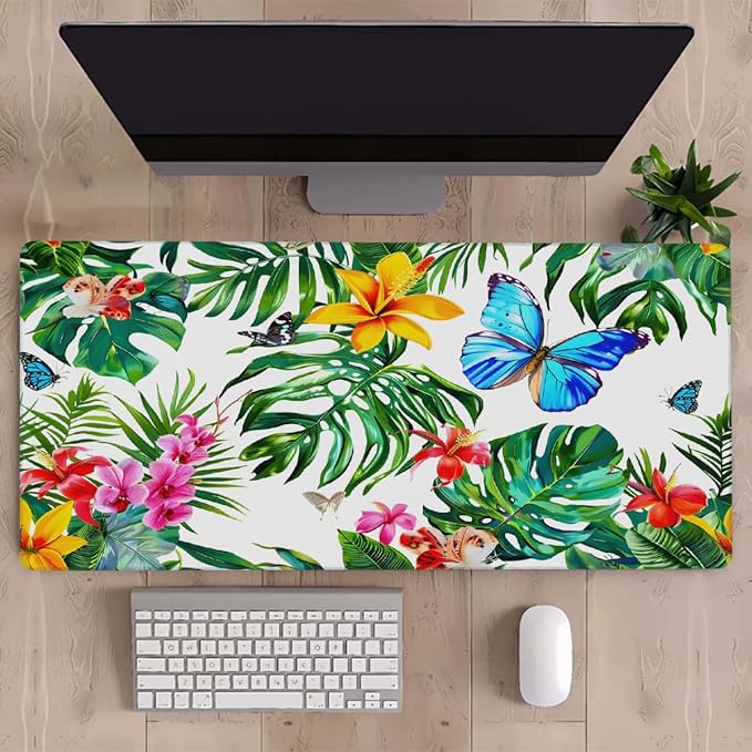 Tropical Palm Butterfly Large Mouse Pad Gaming Mousepad Desk Mat for Desktop Computer Keyboard Waterproof Mouse Mat Desk Pad with Non-Slip Base for Game School Office Home 35.4 x 15.7
