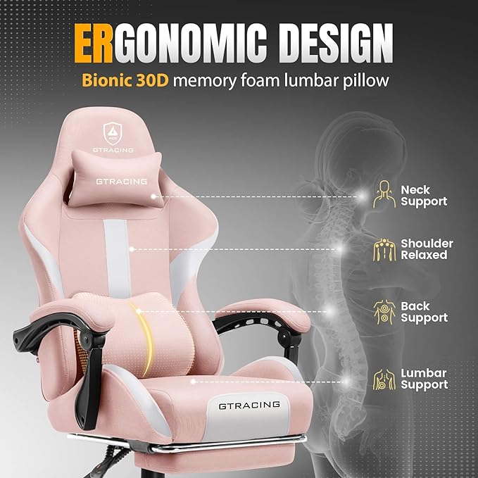 GTPLAYER Gaming Chair with Foot Rest &amp Pocket Spring Cushion Breathable Fabric for Home Office Desk Ergonomic High Back Computer Chair with Headrest &amp Lumbar Support Pink