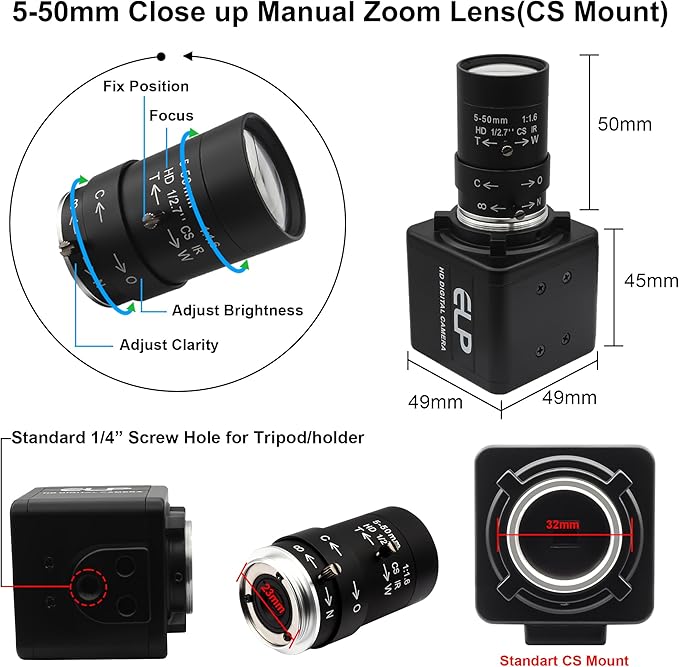 USB Camera 1080P High Speed 260fps 5-50mm 10X Optical Zoom Lens 2MP USB Webcam Manual Close up Zoom in and OutUVC Computer Comference Golf Swing Camera for Raspberry Pi Windows Mac