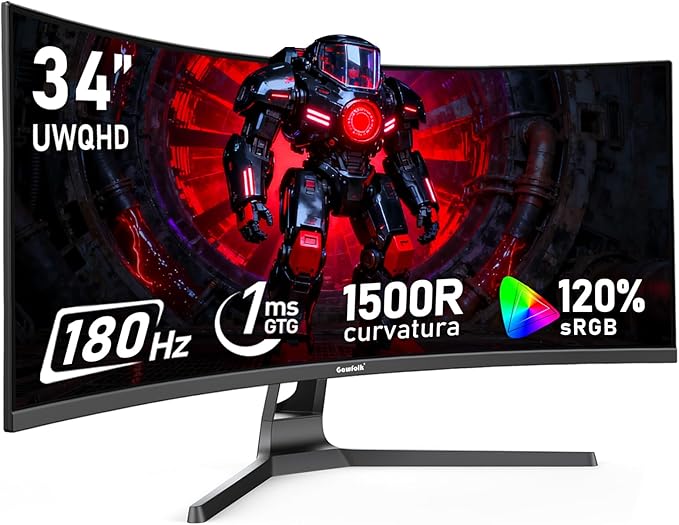 Gawfolk 34 Inch Ultrawide Curved 180Hz Gaming Computer Monitor1500R PC Screen 21:9 UWQHD (3440x1440)120% sRGBAdaptive Sync178° Viewing AngleDisplay Port、HDMICompatible with Wall mounting -Black
