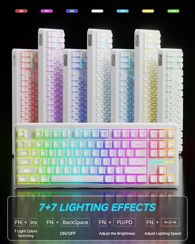 V80 Wired TKL RGB Gaming Keyboard 80% Compact Layout with PBT Keycaps Whisper Quiet Membrane Switch 26-Key Anti-Ghosting Ergonomic Computer Keyboard for Laptop PC Gamer - White