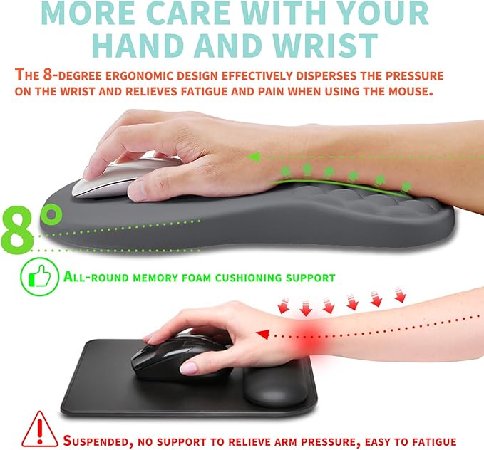 Ergonomic Mouse Pad Wrist Support with Memory Foam Massage Bulge Carpal Tunnel Pain Relief Mousepad Wrist Rest for Mouse(12x8 inch Dark Grey)