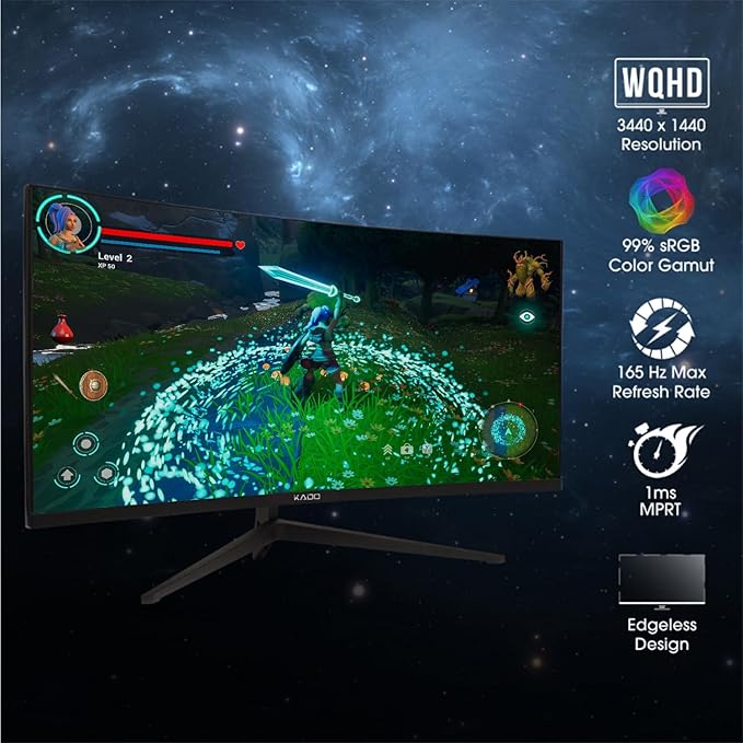 Kado Dual Gaming Monitor Setup - 2-Pack 34 Curved 1500R 21:9 Ultrawide 3440x1440 165Hz 1ms WQHD Computer Monitor Stacked Setup AMD FreeSync Premium VESA Mount HDMI DisplayPort Built-in Speakers
