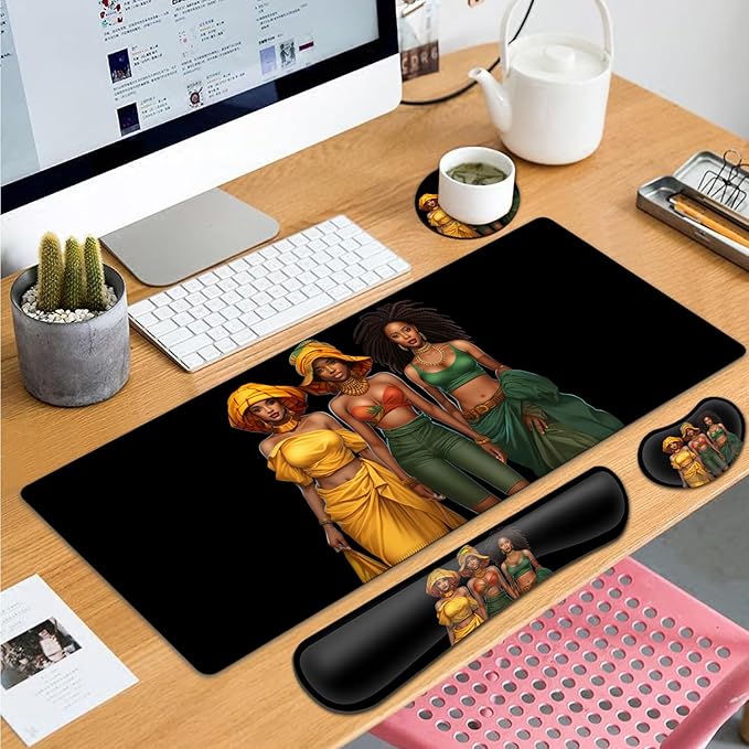 Large Gaming Mouse Pad+ Keyboard Wrist Rest Set Ergonomics Memory Foam Mouse Mat Wrist Rest Suppor Waterproof Extended Mousepad 31.5x11.8in African American Women Black Girl Desk Pad