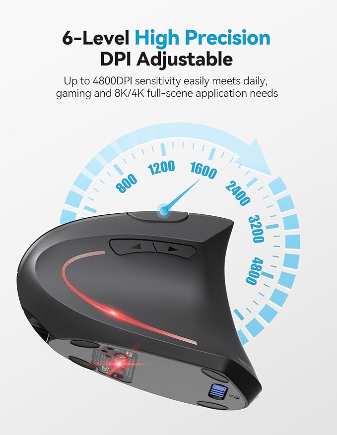 TECKNET Ergonomic Mouse Rechargeable 2.4G+Bluetooth Vertical Mice 6 DPI Adjustable Wireless Optical Carpal Tunnel Mouse Right Hand Multi Device for Laptop PC Computer MacBook iPad - Grey
