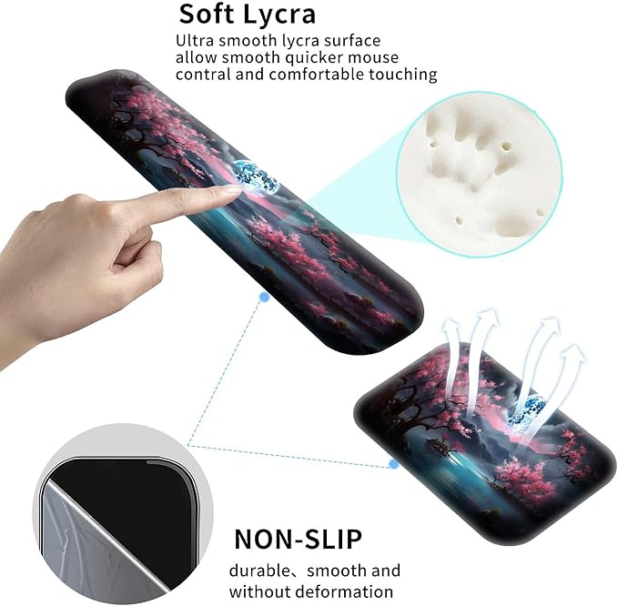 Large Gaming Mouse Pad+Memory Foam Ergonomic Keyboard Wrist Rest Support+Wrist Rest+Coaster Extended Desk Pad Set Stitched Edge Non Slip Desk Mat 4PC for Office &amp Home Moon Cherry Blossom