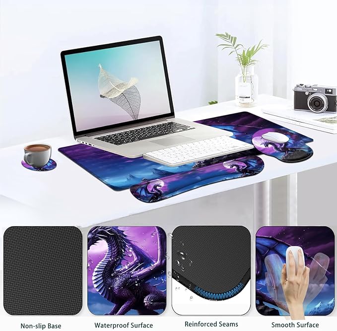 Large Mouse Pad Ergonomic Mouse Pad with Wrist Rest and Keyboard Wrist Rest 4 in 1 Set 31.5 x11.8 inch Extended Desk Pad for Home Office Purple Flying Dragon Pattern XXL Gaming Mouse Mat