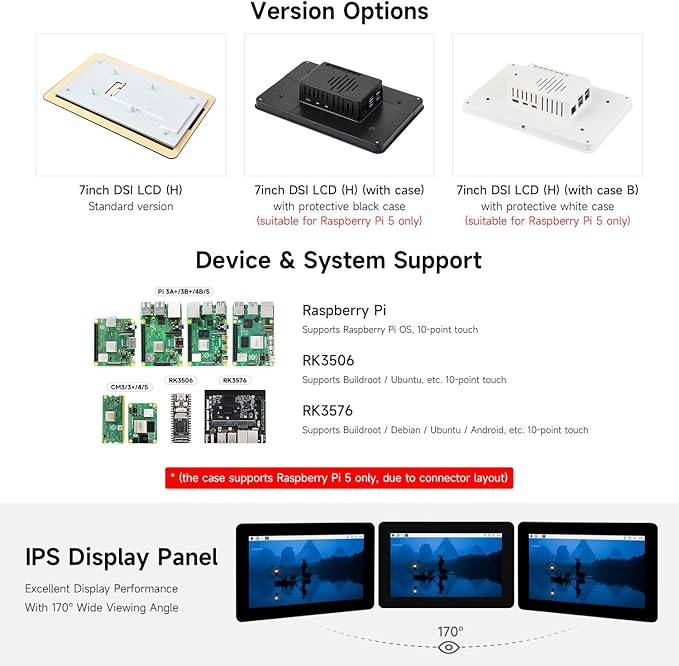 Waveshare 7 DSI Capacitive Touch Display Compatible with Raspberry Pi 5/4B/3B+/3A+ Supports ESP32-P4 RK3506 RK3576 1280x720 IPS Optical Bonding Toughened Glass 10-Point Touch Anti-Fingerprint