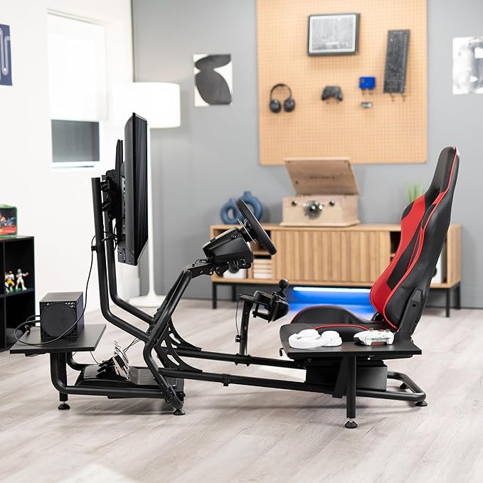VIVO Premium Racing Simulator Cockpit with TV Mount and Shelf Kit Wheel Stand Gear Mount Fits Logitech Thrustmaster Fanatec Compatible with Xbox One Playstation VESA 400x400 STAND-KIT-RACE1BS