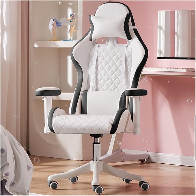 Adjustable Office Computer Chair with Armrest Chairs Pink Gaming Chair Girls Home Office Comfortable Game Swivel Gamer Computer(White and Black)