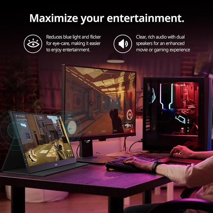 MNN Portable Monitor 15.6inch FHD 1080P USB C HDMI Gaming Ultra-Slim IPS Display w/Smart Cover &amp SpeakersHDR Plug&ampPlay External Monitor for Laptop PC Phone Mac (15.6'' 1080P)