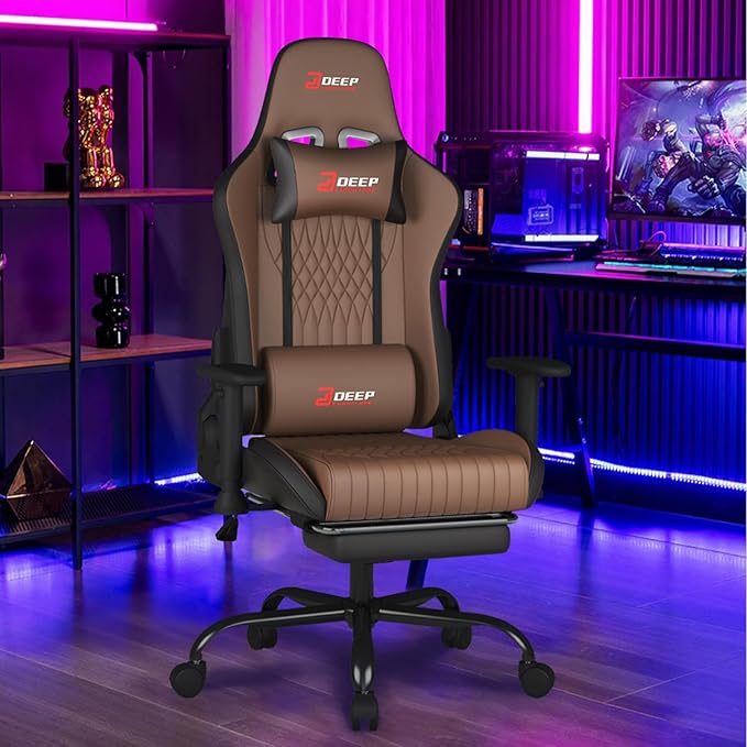 Video Game Chair with Footrest Ergonomic Comfortable Gaming Office Chair Height-Adjustable with a 360° Swivel Base and Headrest(1002-Brown)
