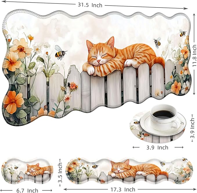 Large Mouse Pad and Keyboard Wrist Rest Desk Pad for Keyboard and Mouse 4-in-1 Large Gaming Mouse Pad with Wrist Support Desk Mat for Home Office Study Game-Sleeping Cat on Fence