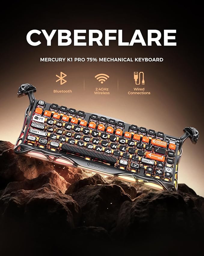 GravaStar Mercury K1 Pro Wireless Mechanical Gaming Keyboard 75% Layout RGB Custom Keyboard Aluminum Alloy Matte Black Frame with Phoenix-Inspired Keycaps Hot-Swappable Linear Switches – CyberFlare