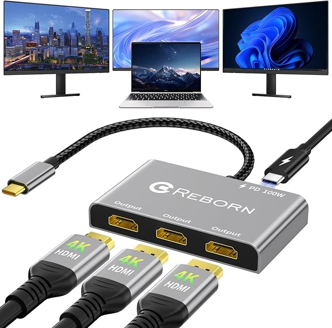 Reborn USB-C to 3 HDMI Adapter with 100W PD 4K@60Hz USB Type-C to HDMI 1 in 3 Out Splitter for 3-Port USB-C Multi-Monitor Adapter Compatible with PC/macOS/Linux and More