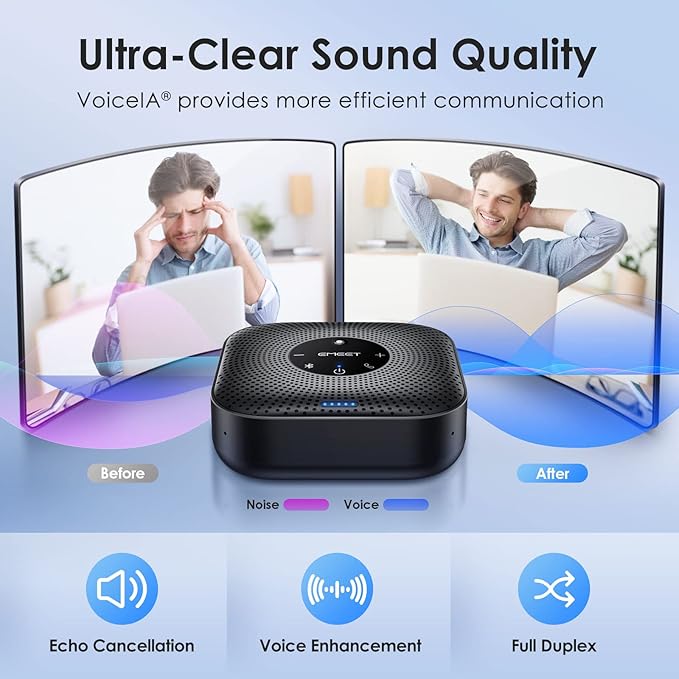 EMEET Conference Speakerphone M0 Plus 4 AI Mics 360° Voice Pickup Noise Reduction USB C Speaker Bluetooth Conference Speaker for 8 People w/Daisy Chain for 16 Compatible with Leading Software