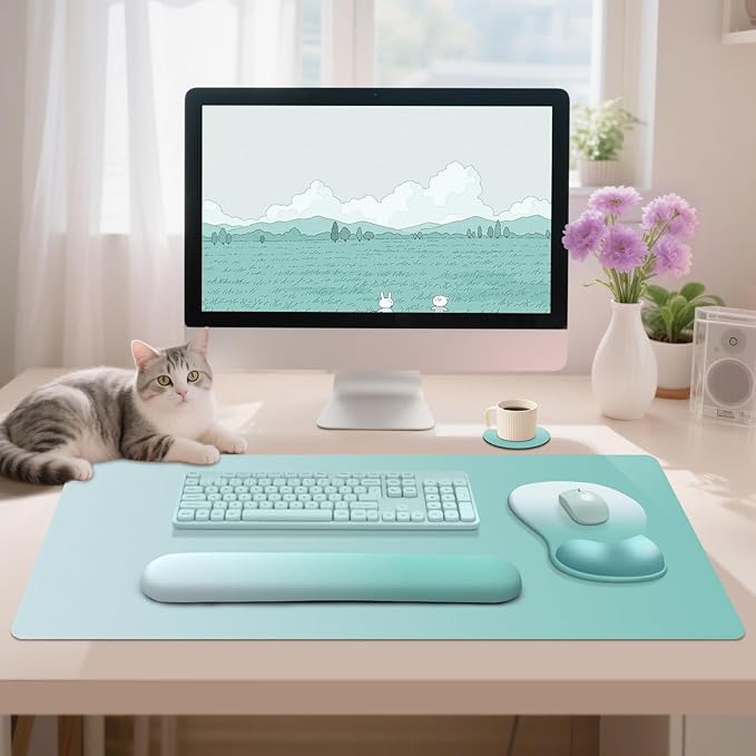 4-in-1 Large Gaming Mouse Pad Keyboard Wrist Rest Pad &amp Wrist Support Mousepad Set Extended Desk Pad Waterproof Desk Mat Protector for Home Office Decor Study Game 35.4×15.7 Inches I Mint Green