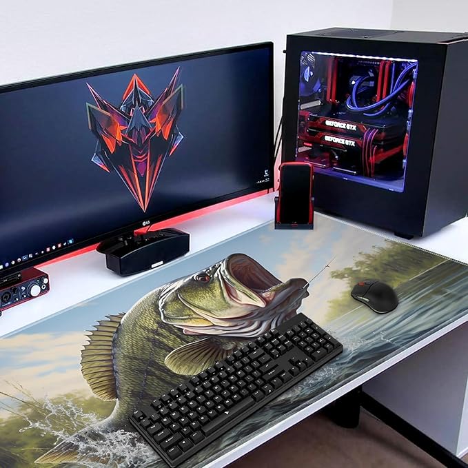 Mouse Pad Set Large Gaming Mouse Pad (31.5X 11.8 inches)+ Wrist Rest Pad + Coaster Ergonomic Wrist pad Home Office Desk Accessories Decor Supplies Large Mouth Bass Fish
