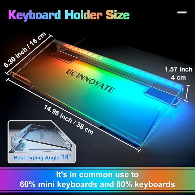 UCINNOVATE Dream Color Acrylic Computer Keyboard Stand LED Backlit Keyboard Stand Tray 80% Gaming Keyboard USB Interface Titled Keyboard Stand for Easy Ergonomic Typing and Working Office Desk Home