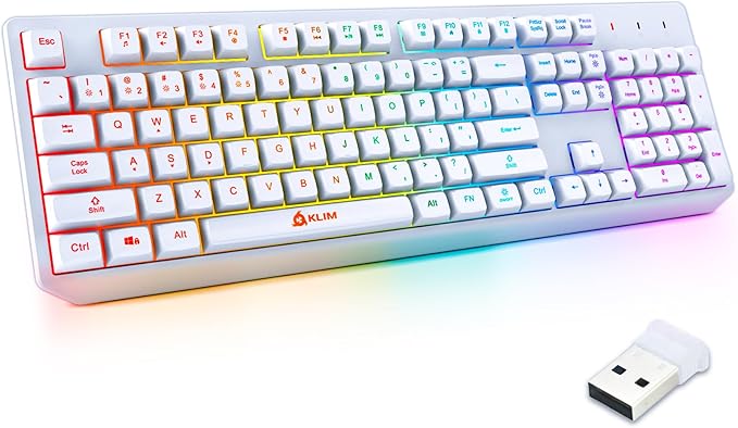 KLIM Chroma White Wireless Keyboard – RGB Backlit Rechargeable Battery Wireless Keyboard with Water-Resistant Durable Design Compatible with PC Mac PS4 PS5