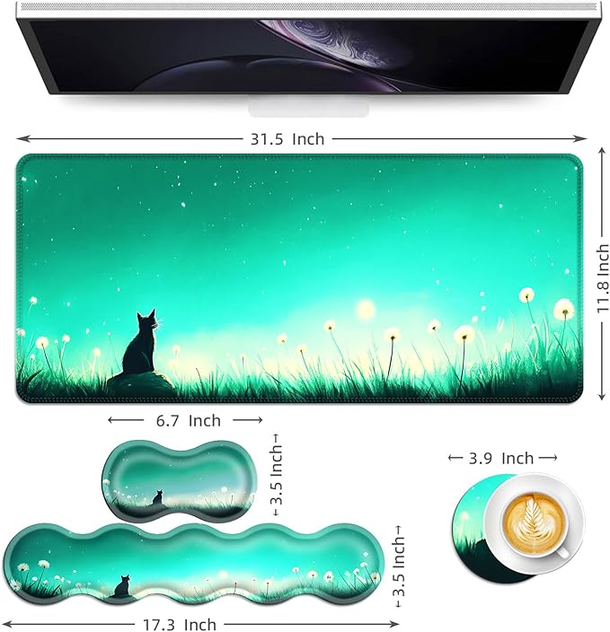 Keyboard Mouse Pad Set Extended Gaming Mouse Pad+Ergonomics Keyboard Wrist Rest Support Memory Foam Easy Typing Pain Relief 4Pcs XL Ultra Thick Desk MatCat in Dandelion Field